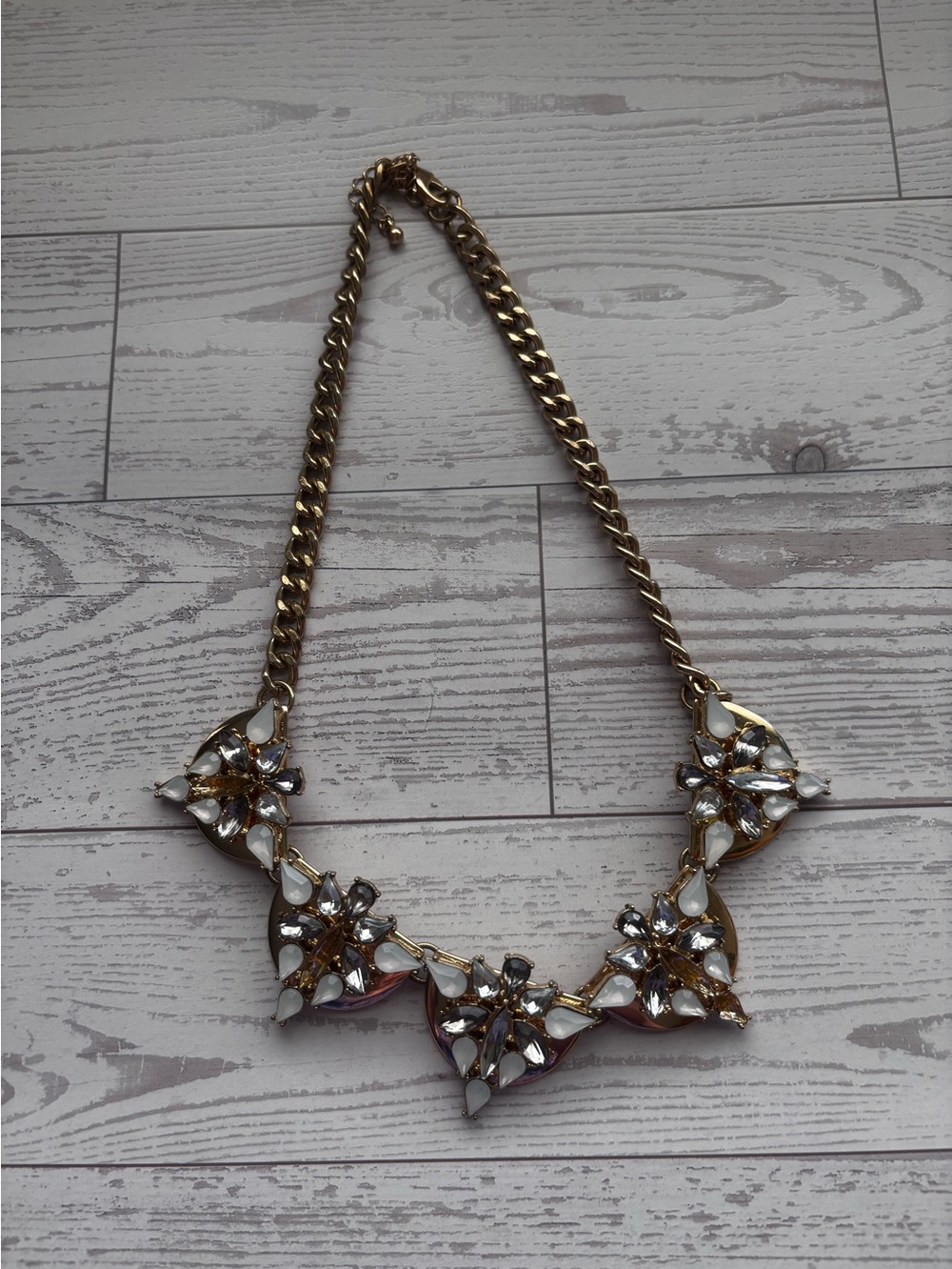 5 for $25! Gold Statement Necklace with White and Clear Gem Accents